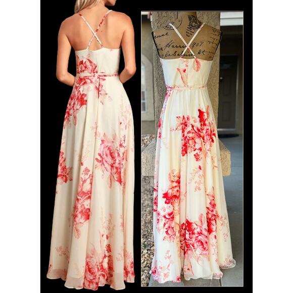 Lulus Cream and Coral Floral Wrap Elegantly Inclined  Maxi Dress Size: S - Picture 4 of 15